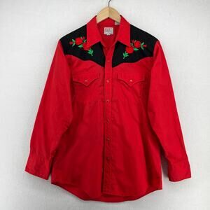 ELY DIAMOND Shirt Mens M Western Ranch Rose Pearl Snap Cowboy Woven Red VTG